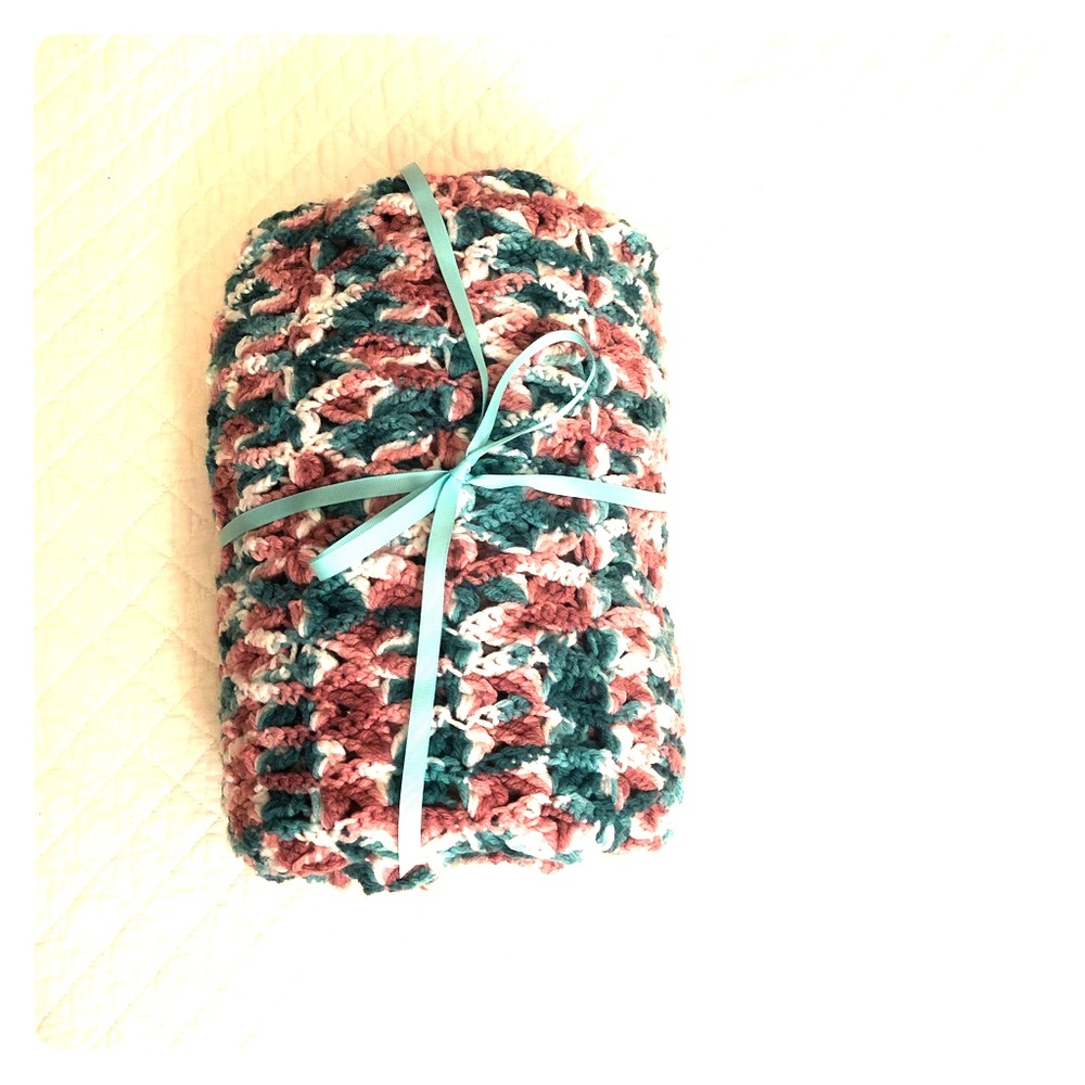 Handmade Crocheted Teal and Pink Blanket - Picture 2 of 7